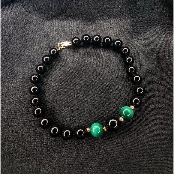 Vintage 14K Gold Hong Kong Signed Onyx & Malachite Beaded Bracelet - Picture 3 of 6